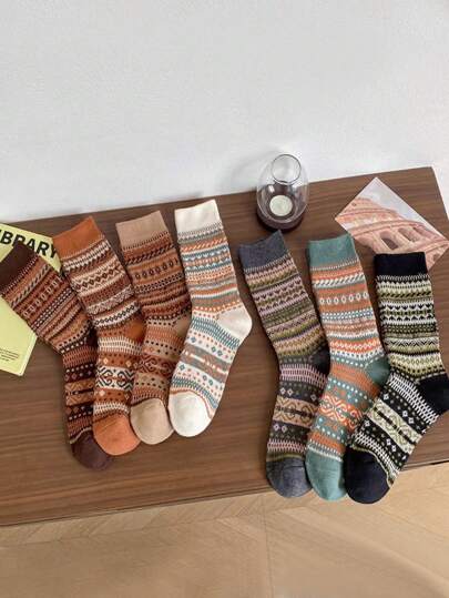 5pcs/3pcs/1pc Vintage Mid-Calf Socks, Comfortable Christmas/Thanksgiving/New Year Gift, Random Assortment