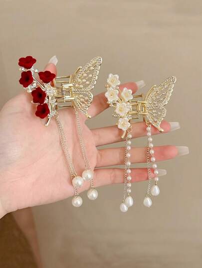 1 pieza Pinza para el cabello con campana de metal, orquídea, mariposa y borla, accesorio de cabello de hada súper con mariposa y borla, pinza para el cabello hueca con diamantes de imitación y perlas, accesorio de cabello femenino