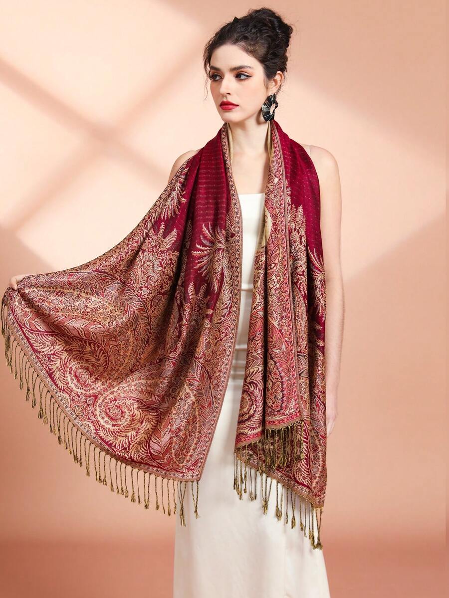 1pc Paisley Floral Jacquard Pashmina Scarf, Versatile Colorful Paisley Pattern Soft Warm Fringe Scarf, Bohemian Style For Winter - Burgundy - View 1