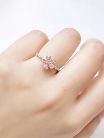 1pc S925 Sterling Silver 5 Petal Flower Pink Zirconia Stone Vintage Romantic Ring, Versatile Daily/Party Jewelry Gift For Women Valentines