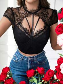 Sexy Lace Eyelash Guarnição Em Torno Do Pescoço Figura-Hugging Corset Bralette, Chic Street Style