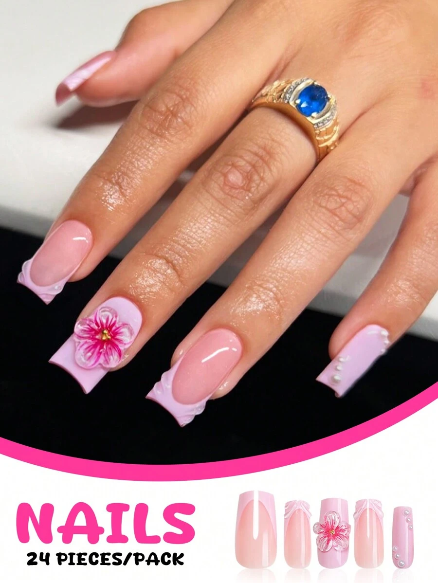 24 件裸色长方形按压指甲粉色法式 3D 手工艺术花朵和珍珠假指甲光泽全覆盖甜美风格假指甲适合女士和女孩日常约会办公室居家聚会 - 彩色 - 查看 1