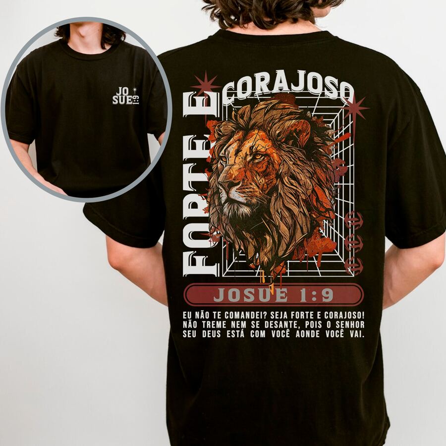 Camiseta Básica Unissex Algodão Cristã Evangelica Forte e Corajoso - Preto - Visão 1
