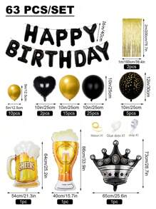 63pcs/Set Black & Gold Happy Birthday Decoration Kit, Balloon Arch Set, Banner With Metallic Tassels, Champagne Bottle & Crown Shaped Balloons, Perfect For Adult's Birthday Parties, Fit For 20th, 30th, 35th, 40th, 50th, 60th, 70th, 80th, 90th Celebrations, Christmas