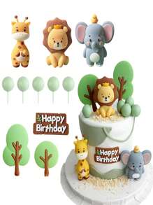 11 Set Jungle Animal Cake Veneer Lion Giraffe Monkey Elephant Happy Birthday Banner Wildlife Themed Birthday Party Supplies