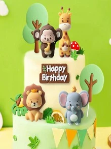 11 Set Jungle Animal Cake Veneer Lion Giraffe Monkey Elephant Happy Birthday Banner Wildlife Themed Birthday Party Supplies