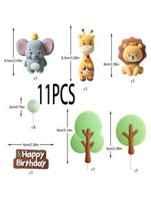11 Set Jungle Animal Cake Veneer Lion Giraffe Monkey Elephant Happy Birthday Banner Wildlife Themed Birthday Party Supplies