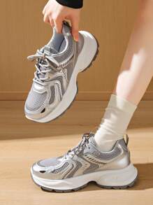 Women's Spring/Autumn New Mesh Breathable Thick Sole Wedge Sneakers, Lightweight Casual Lace-Up Running Sport Shoes, Fashionable White Gray Trainers