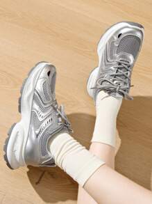 Women's Spring/Autumn New Mesh Breathable Thick Sole Wedge Sneakers, Lightweight Casual Lace-Up Running Sport Shoes, Fashionable White Gray Trainers