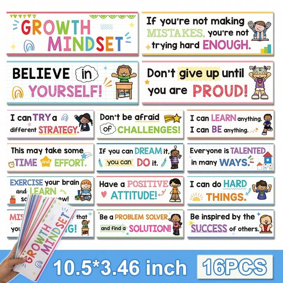 16PCS Poster giáo dục câu nói tích cực, tư duy phát triển truyền cảm hứng và động lực cho giáo viên và học sinh - Biểu ngữ và áp phích lớp học để trang trí nghệ thuật treo tường - Bảng thông báo và đồ trang trí tường cho trường mẫu giáo, tiểu học và trung học cơ sở