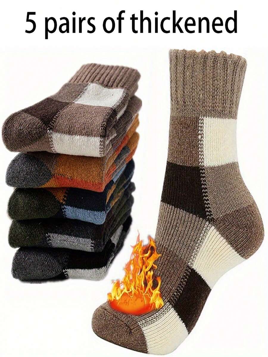 Tất nam mùa đông - 5 đôi - Tất dệt kim dày ấm áp ca rô kết hợp với tất giặt máy thoải mái, co giãn và đàn hồi - Nhiều màu - Xem 1