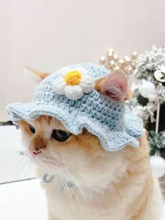 1 pièce Coiffe de domestique fleurie pour animal de compagnie, chapeau de costume en tricot doux et confortable pour animal de compagnie
