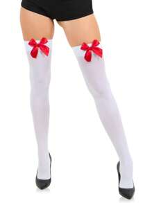 1 par de meias sensuais com laço na coxa, meias pretas e brancas com decoração de laço, meias versáteis da moda para mulheres, adequadas para decorações de festa de Natal, apresentações de palco, cosplay, eventos e festas