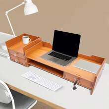 Computer Monitor Stand, Tabletop Computer Rack With Drawers, Lock & 2 Keys, Desk Monitor Stand Underneath Storage For Office, Home, School - Wood - View 2
