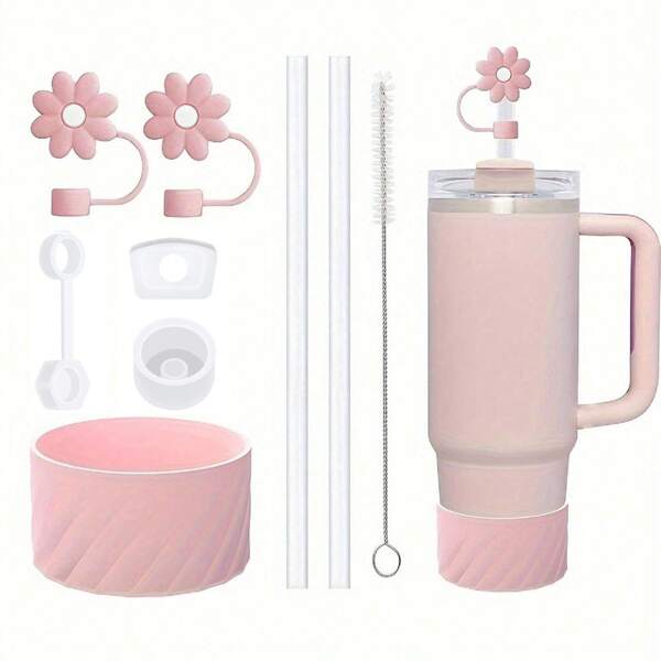 Compatible With Stanley Cup Accessories, 2Pcs Flower Straw Covers 3Pcs Silicone Spill Proof Stopper For 40oz Tumbler With Lid Handle, Silicone Protective Boot 2pcs Straw And 1pc Brush, Mother's Day Gift