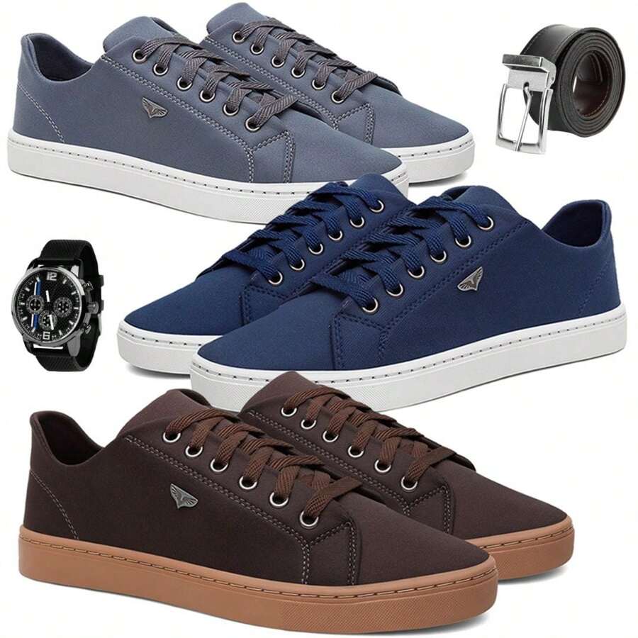 Kit 3 Men's Casual Sneakers + CHEAPEST Fashion Sneakers + Watch And Formal Belt - 深灰色 - 查看 1