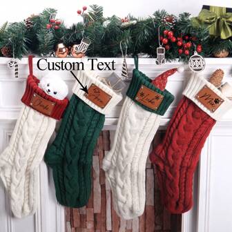 1pc Personalized Stockings, Family Stockings, Family Stockings With Name, Custom Knitted Stockings, Leather Patch Stockings, Leather Patch Knitted Stockings, Gift, Holiday Stockings, Stockings For Families, Holiday Decor Gift, Gift For Girlfriend, Gift For Boyfriend, Pet's Stockings, Valentine's Day, Valentine's Day Decor Home Decor Christmas Decorations Room Decor Christmas,Festive Calendar