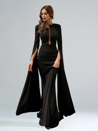 Missord فستان حفلة ماكسي أنيق أسود مع إدراج من الشبك للأكمام المنقسمة، أكمام طويلة رسمي للسهرة والزفاف ضيوف، للتخرج والعشاء