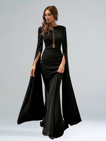 Missord فستان حفلة ماكسي أنيق أسود مع إدراج من الشبك للأكمام المنقسمة، أكمام طويلة رسمي للسهرة والزفاف ضيوف، للتخرج والعشاء