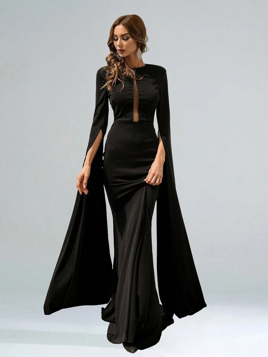 Missord 开袖网眼嵌件超长舞会礼服黑色优雅长袖正式晚会婚礼宾客礼服，适合毕业典礼、晚宴 - 黑色 - 查看 1
