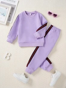 2 pezzi Set di felpa girocollo e pantaloni della tuta di alta qualità di colore viola per giovani ragazze