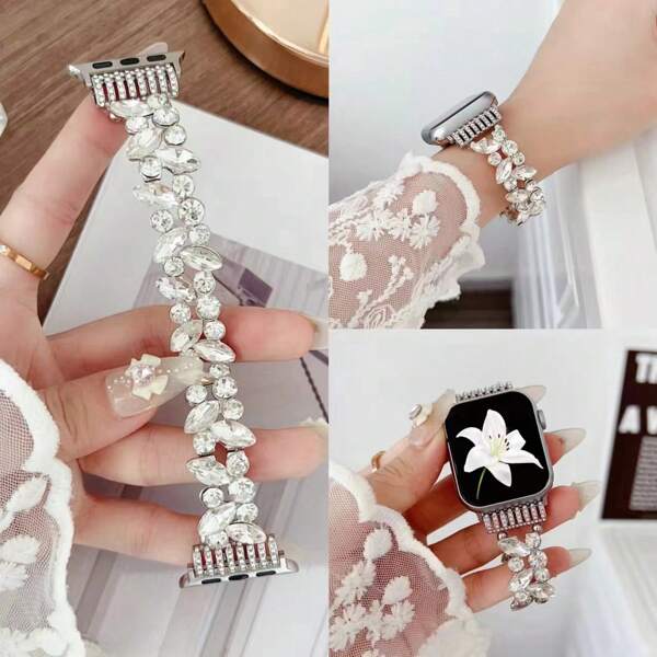 1 Stück Armband mit Strass, Blumen und Metallkette, dekorativer, modischer Schmuck, kompatibel mit Apple Watch Armband 38mm, 40mm, 41mm, 42mm, 44mm, 45mm, 46mm, 49mm, kompatibel mit Apple Watch Armband Serien Ultra 10/9/8/7/6/5/4/3/2/1 SE, Valentinstag