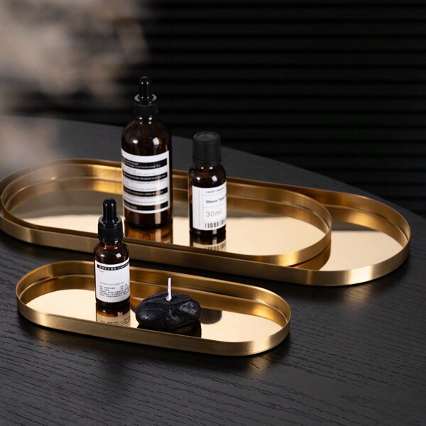 Luxury Scandinavian Style Stainless Steel Storage Tray, Home/Hotel Bathroom Organizer, High-End Jewelry/Makeup/Skin Care Display Holder, Elegant Oval Gold Color Dish