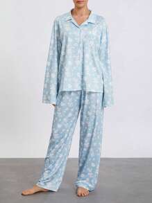 Women Pajamas Lounge Set Strawberry Print Turn-Down Collar Long Sleeve Shirts Tops And Pants 2 Piece Loungewear Outfits - 藍色 - 查看 7