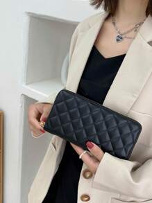 1pc Quilted Decor PU Leather Zipper Long Wallet, Fashionable For Women Daily Use And Gift Wallet Purse Wallet Mini Wallet