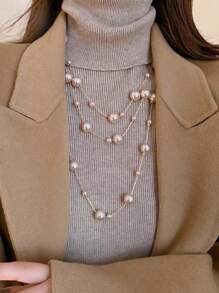 1 件时尚长款仿珍珠项链，简约优雅的毛衣链，百搭秋冬女士项链