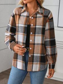 Women's Button-Front Plaid Shirt Collar Long Sleeve Casual Blouse, Everyday Wear