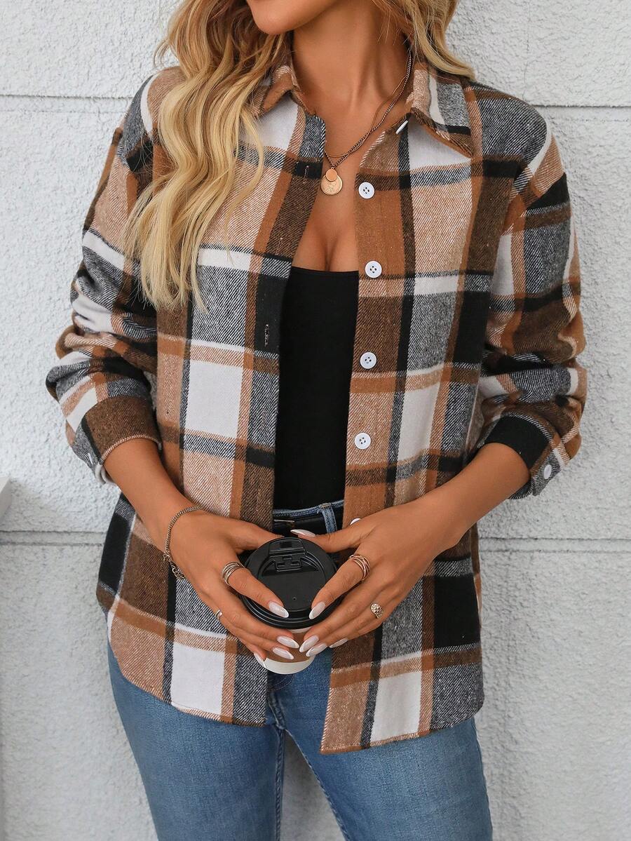 Women's Button-Front Plaid Shirt Collar Long Sleeve Casual Blouse, Everyday Wear