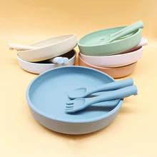 Bộ 3 đĩa thìa nĩa cho trẻ em, đĩa silicon, bát ăn cho trẻ sơ sinh dễ thương - nhiều màu - Xem 3