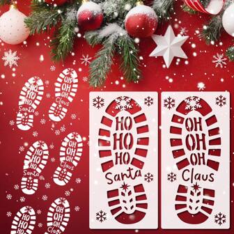 2 件装圣诞圣诞老人脚印模板，用于在木头上绘画，大号圣诞老人靴子和雪花图案 PET 模板可重复使用，DIY 圣诞节节日工艺模板，用于地板墙壁帆布家居装饰艺术工艺品