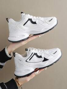 女士春秋新款休闲运动鞋，网眼透气厚底坡跟系带轻便百搭时尚运动鞋，白色/灰色，适合所有季节，运动休闲鞋 - 黑色 - 查看 5