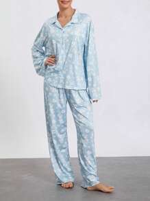 Women Pajamas Lounge Set Strawberry Print Turn-Down Collar Long Sleeve Shirts Tops And Pants 2 Piece Loungewear Outfits - 藍色 - 查看 5