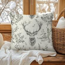 1 件极简主义复古乡村树叶和鹿装饰抱枕套，柔软的桃色天鹅绒面料，单面印花，40*40/45*45/50*50 厘米枕套，圣诞礼物