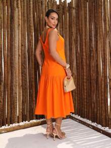 Elegant Linen Dress, Lined - Orange - View 2