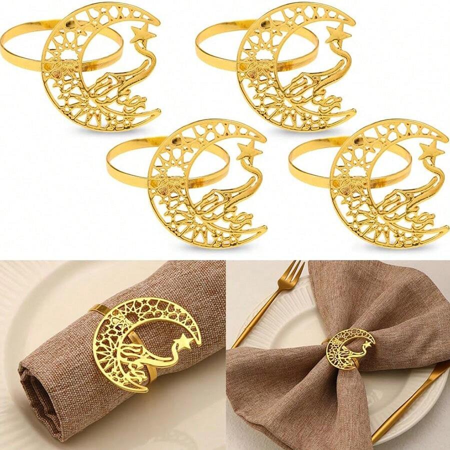 1pc/4pcs Gold/Silver Napkin Rings, Hollow Metallic Star & Moon Design Napkin Rings, Random Style, Suitable For Family Gatherings And Tabletop Decor