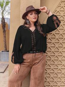 Rusttydustty Plus Size Women's Fashion Printed Long Sleeve Shirt - Black - View 1