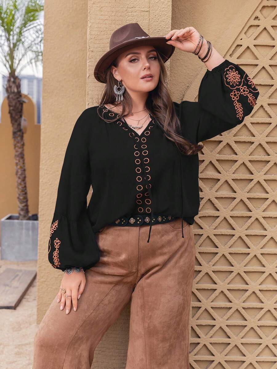 Rusttydustty Plus Size Women's Fashion Printed Long Sleeve Shirt - Black - View 1