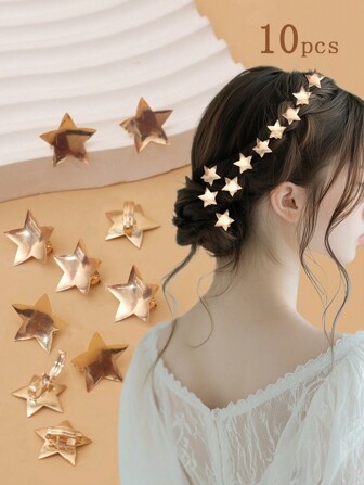 10pcs Girls Gold Star Hair Ties, Mini Silver Pentagram Hair Clips, Metal Star&Moon Hair Pins, Suitable For Ramadan Or Eid Al-Fitr