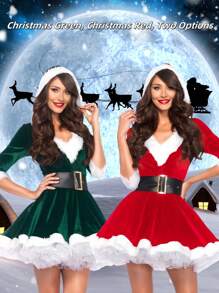 3 件套圣诞女王服装（连帽毛衣 + 腰带 + 裙子），成人女士圣诞服装，摄影道具，表演服万圣节 - A - 查看 7