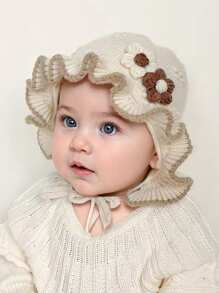 1pc Baby Cute Flower Ruffle Winter Warm Outdoor Cold-Proof Ear Ion Princess Knitted Bonnet Hat - 1PC - View 2