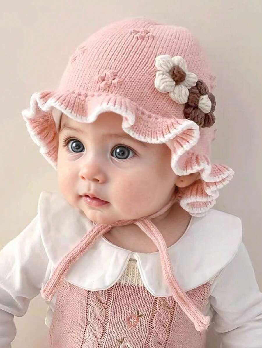 1pc Baby Cute Flower Ruffle Winter Warm Outdoor Cold-Proof Ear Ion Princess Knitted Bonnet Hat - 1PC - View 1