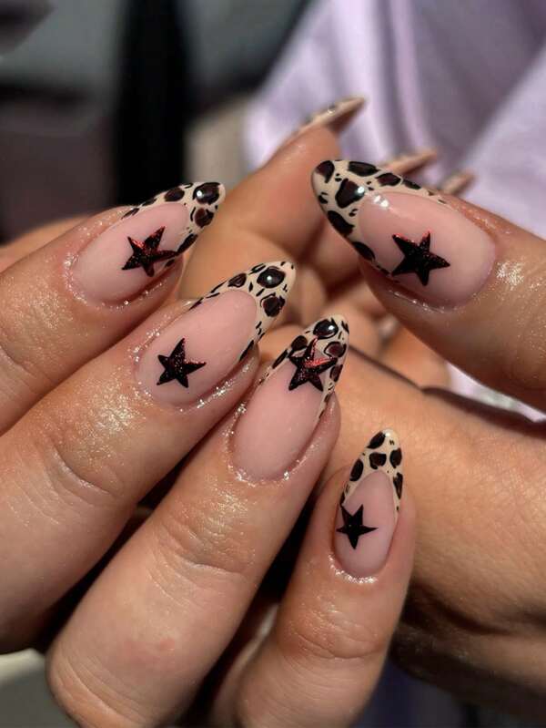 24Pcs Almond Shaped French Tip Leopard & Star Designed Press-On Fake Nails Full Cover Manicure Set Nail Supplies Nails