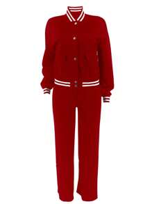 Women's Solid Color Baseball Jacket, Sports Top With Pockets, Outdoor Camping Sports Two-Piece Set, Drawstring Sports Jacket Spring Red Elegant - Red - View 5