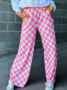 Women Wide-Leg Pants Checkerboard Elastic Waist Loose Trousers Spring Summer Casual Sweatpants Bottoms - Pink - View 5