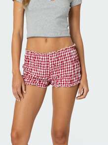 Women Ruffle Plaid Shorts Cute Pettipants Low Waist Ruched Short Pants - 紅色 - 查看 3