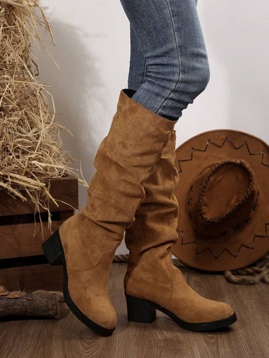 Women's Chunky Mid Heel Pleated Mid-Calf Boots, Women Solid Color Fashion Boots, Comfortable Pull-On Knee High Heels Boots - Brown - View 1